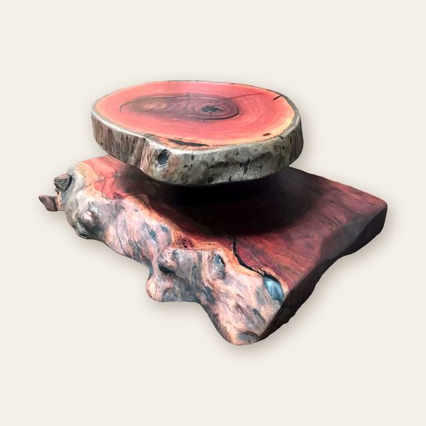 Round jarrah slab raised on a gnarled burl base